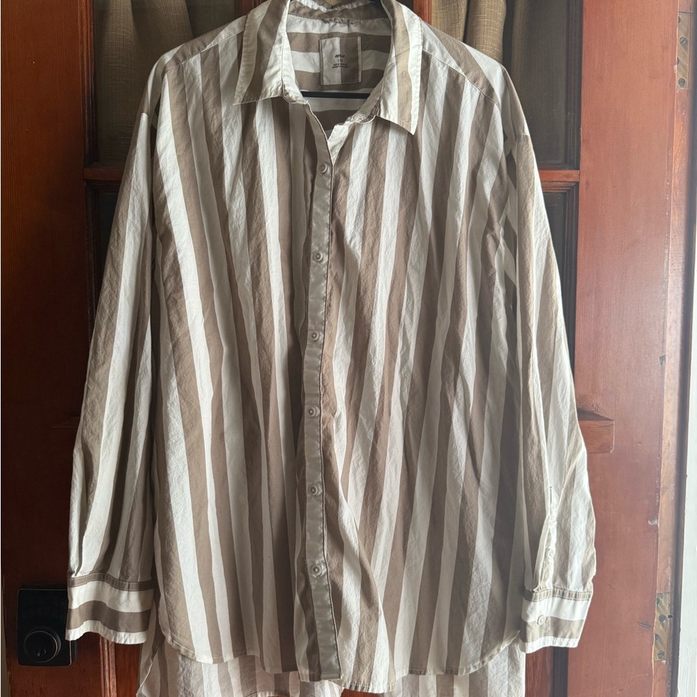 Aerie Women's Striped Button Down Shirt - Beige and White